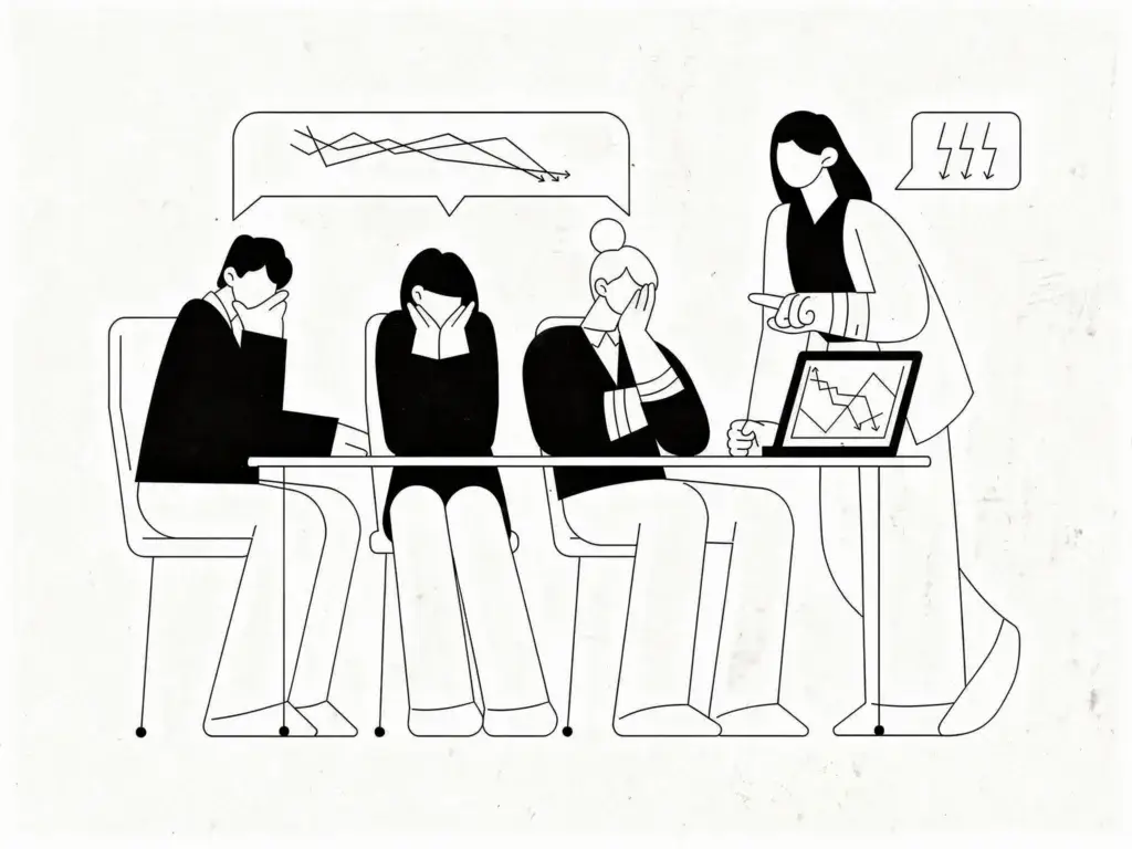 Des collègues de travail font le point avec leur manager et sont fatigués de ne pas comprendre les processus mis en place.