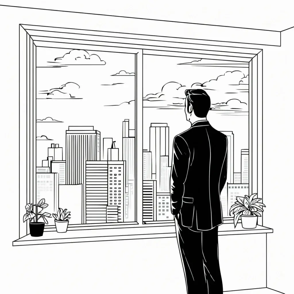 Un homme d'affaires, scrute l'horizon depuis la fenêtre de son bureau. Pris par l’opérationnel, le dirigeant peine à se projeter et à structurer ses priorités.